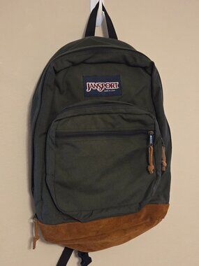 Vintage Jansport Backpack Made In USA Leather Bottom Dark Green 90s